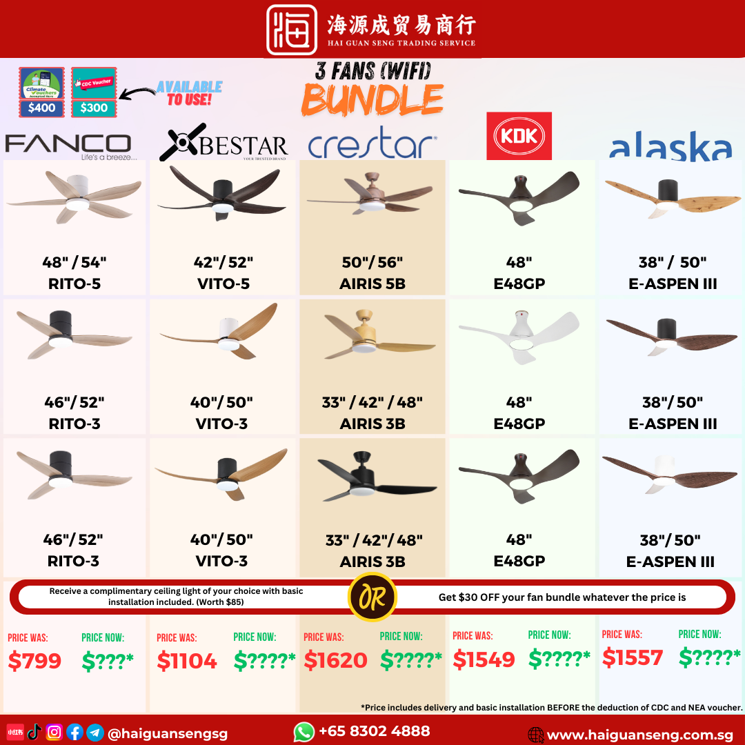 3 Wi-Fi ceiling fans bundle, Fanco Rito, Bestar Vito, Crestar Airis, KDK and Alaska E-Aspen
