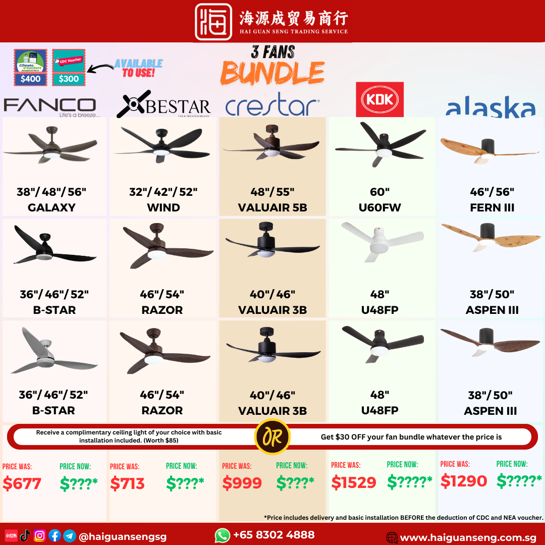 3 ceiling fans bundle, Fanco, Bestar, Crestar, KDK and Alaska selections