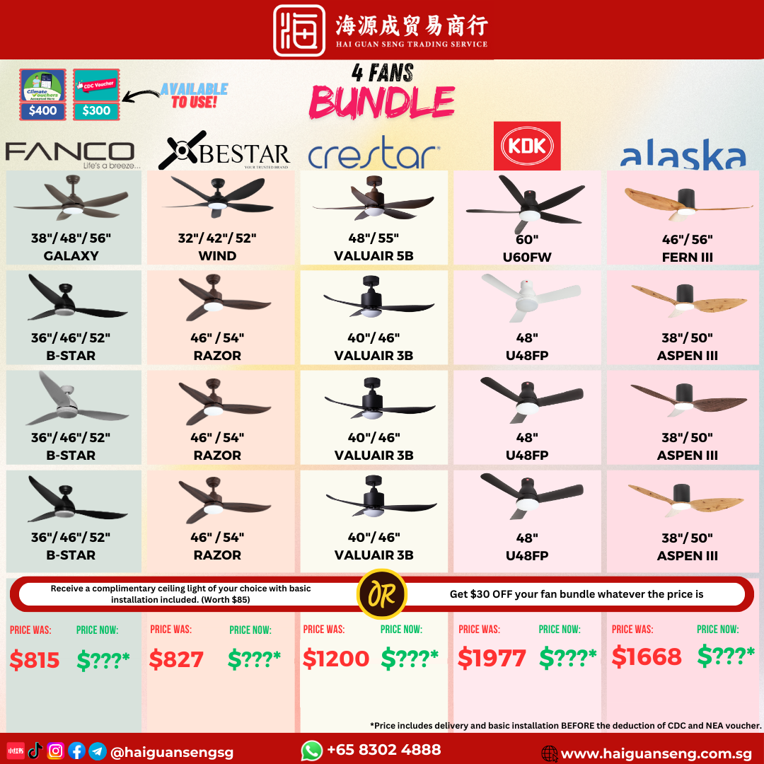 4 ceiling fans bundle, Fanco, Bestar, Crestar, KDK and Alaska selections